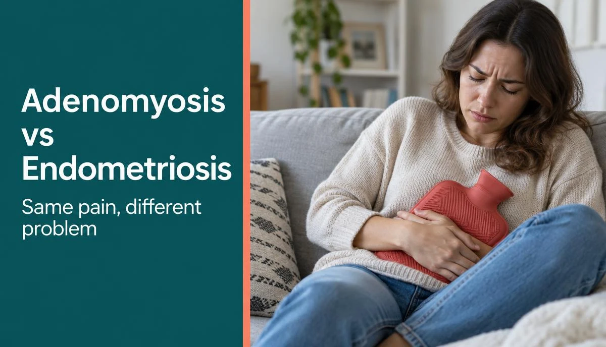 A medical graphic showing the difference between endometriosis tissue outside the uterus and adenomyosis tissue inside the uterine wall.