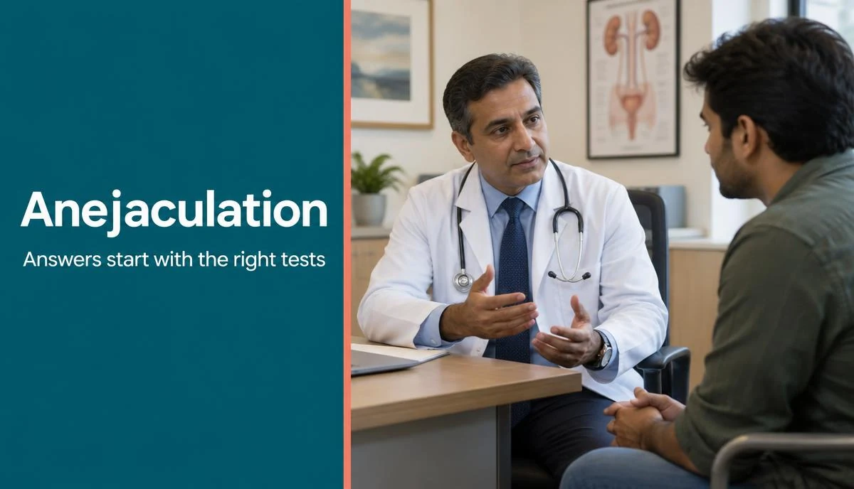 A urologist explaining diagnostic pathways to a male patient in a private clinic.