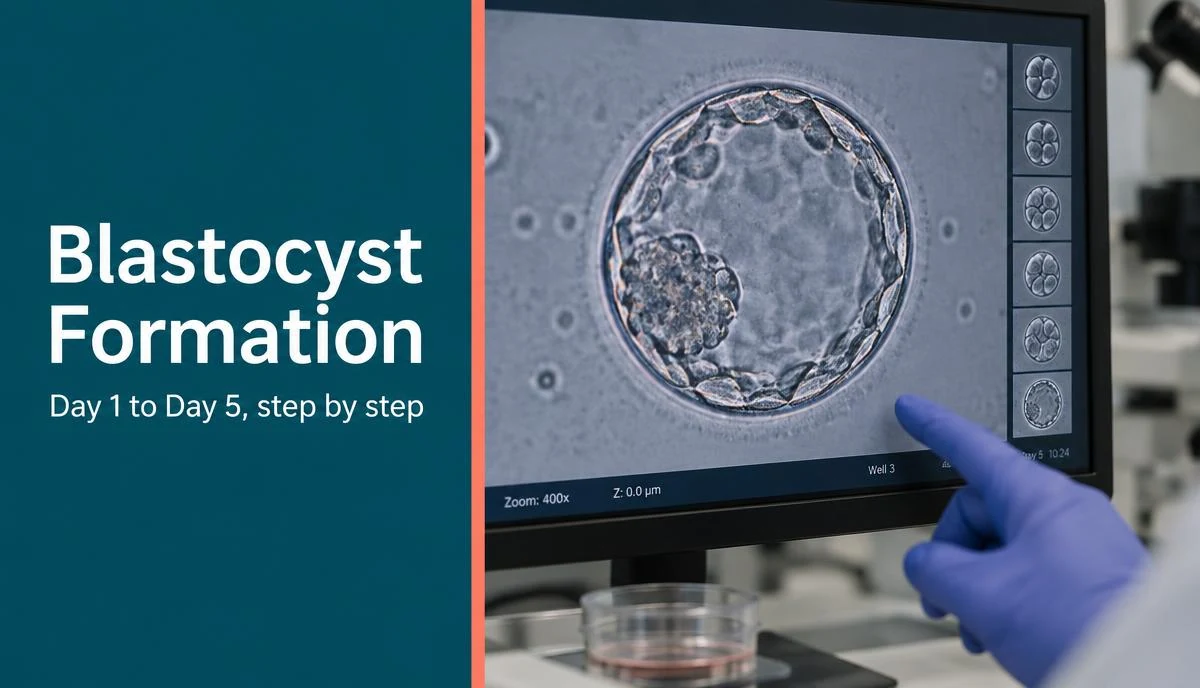 A microscopic view of an expanded Day 5 blastocyst embryo.