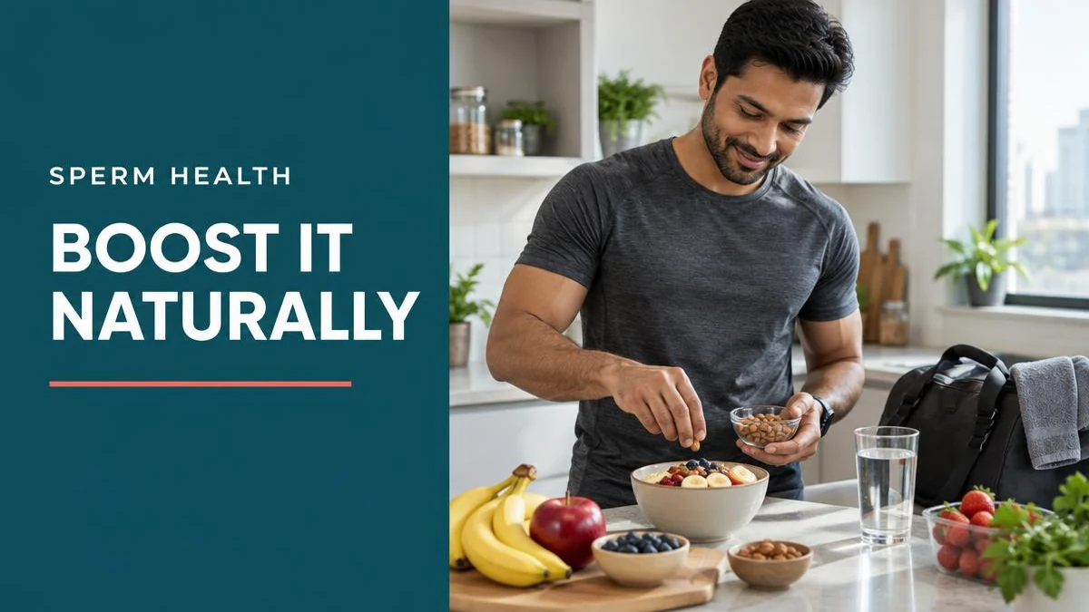 A supplement bottle next to healthy foods for sperm quality.