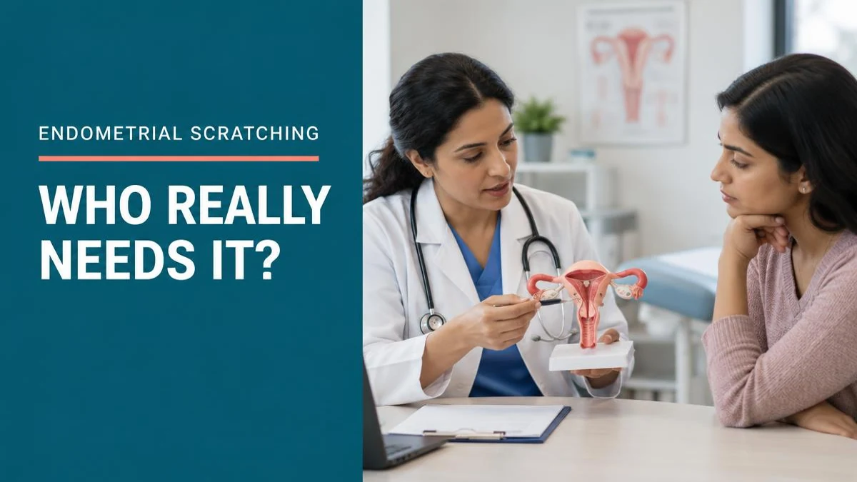 A medical graphic illustrating endometrial scratching.