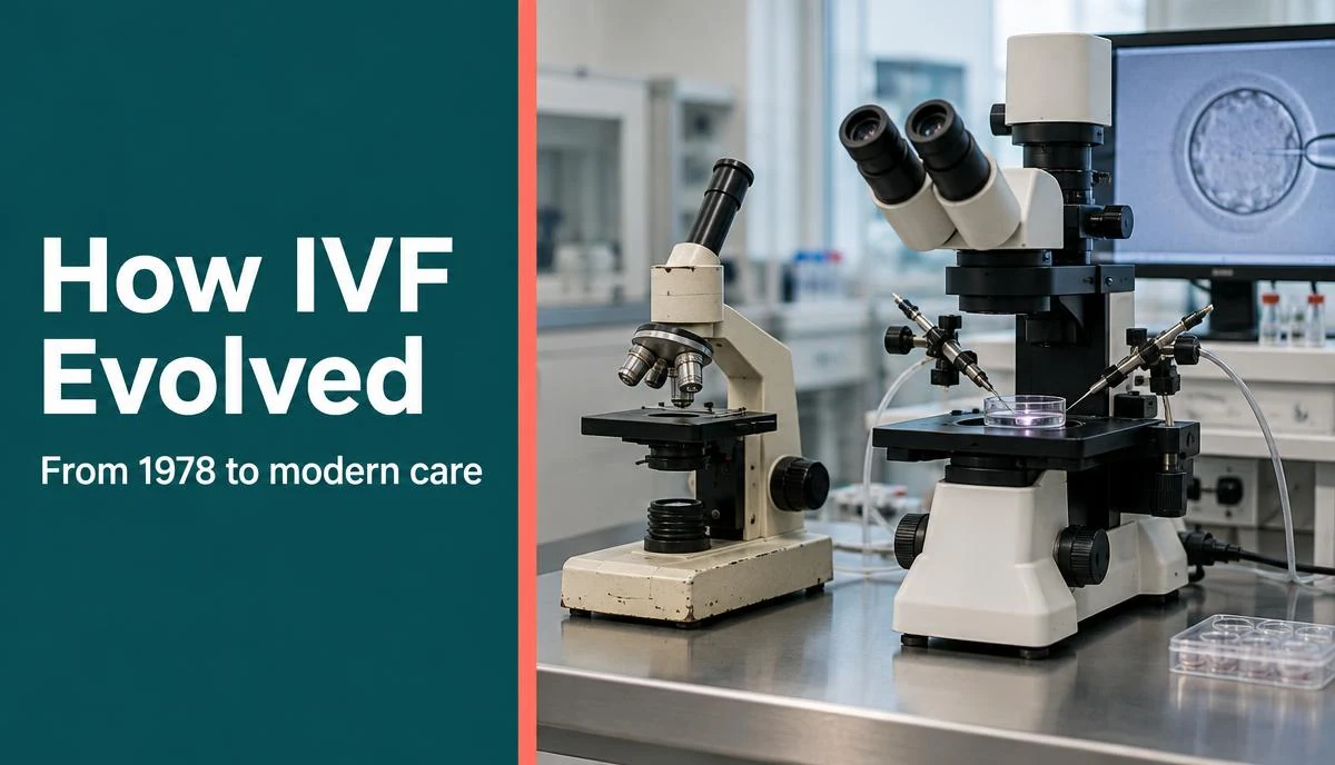 A comparison visual showing the evolution of IVF technology from early laboratory methods to a modern embryology lab.