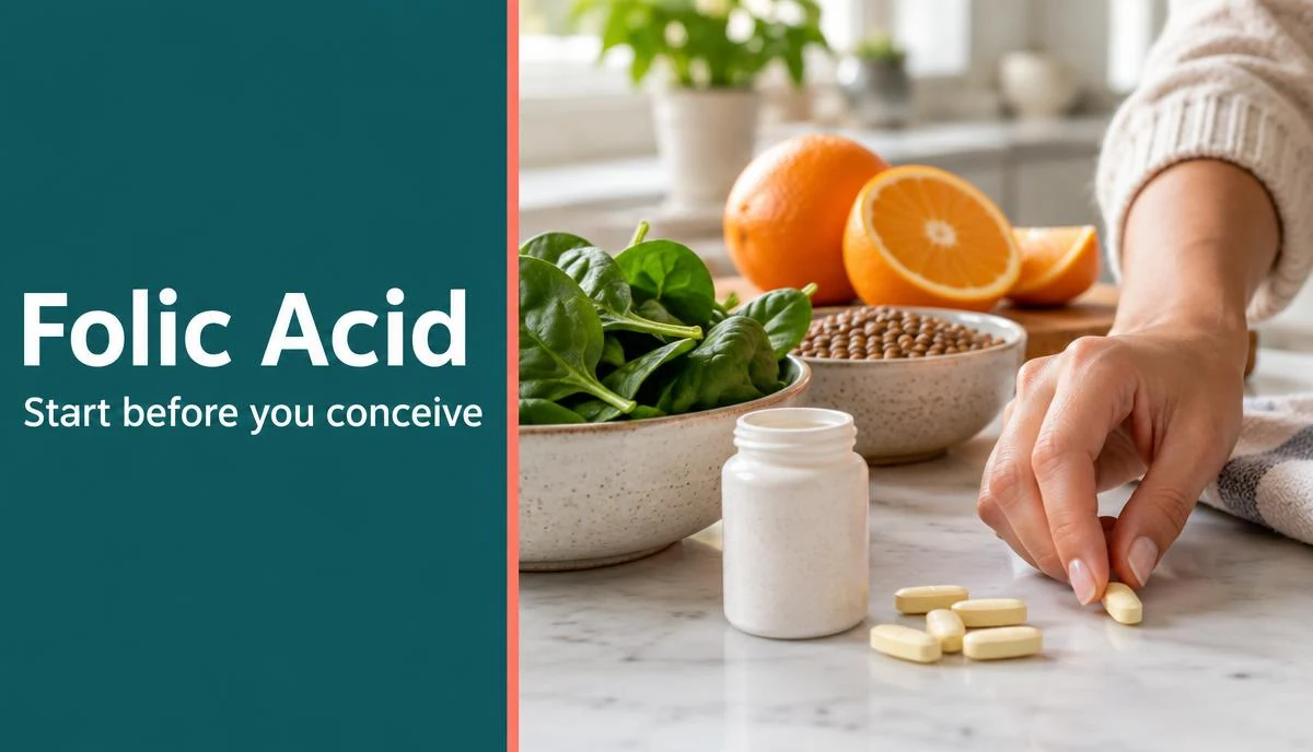 A prenatal supplement bottle next to folate-rich foods like broccoli and oranges.