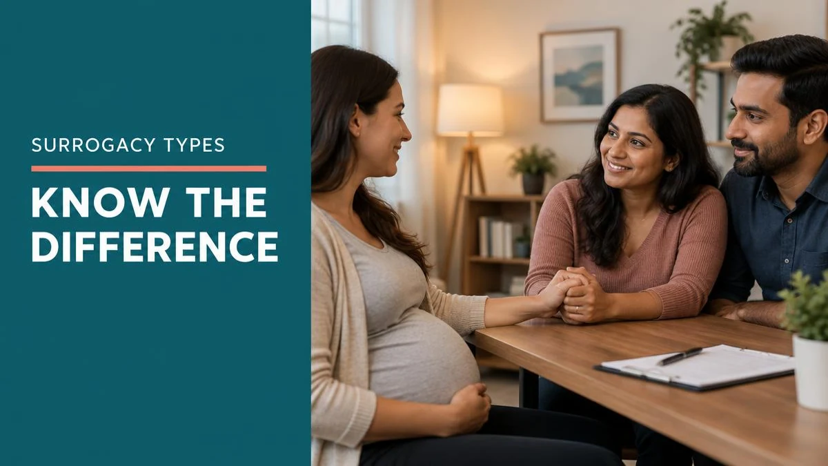 A doctor explaining surrogacy types to a couple in a clinic.