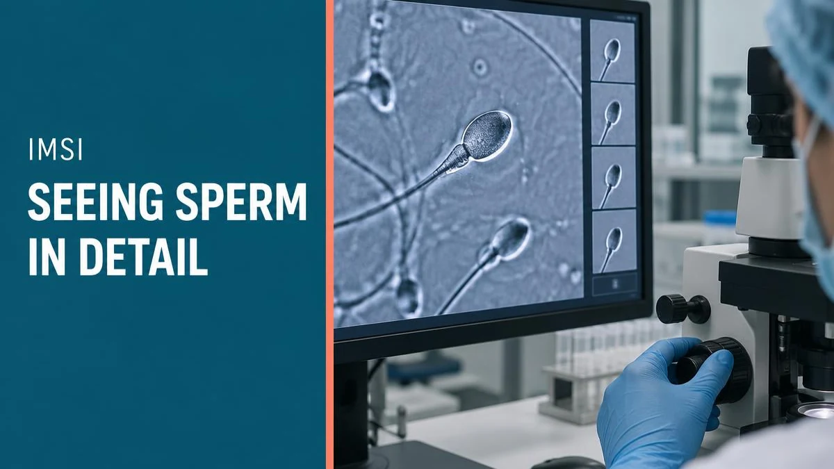 A monitor showing high-magnification sperm selection (IMSI) in an IVF lab.