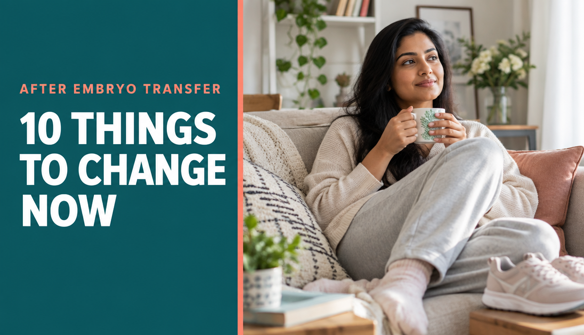 A woman relaxing on a sofa post-embryo transfer.