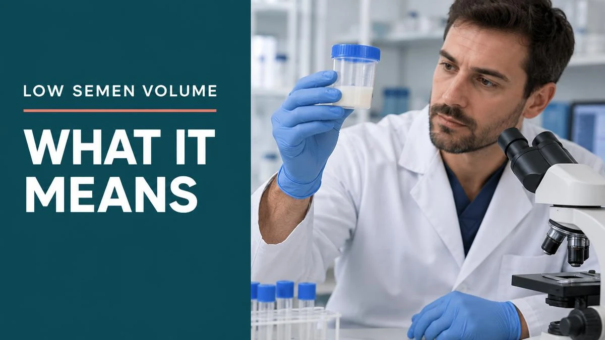 A doctor explaining semen volume parameters to a patient.