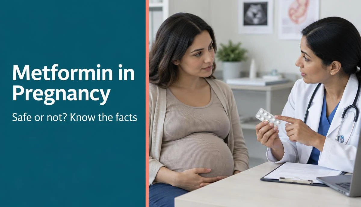 A prescription bottle of Metformin next to a pregnancy planner and a glass of water on a clean desk.