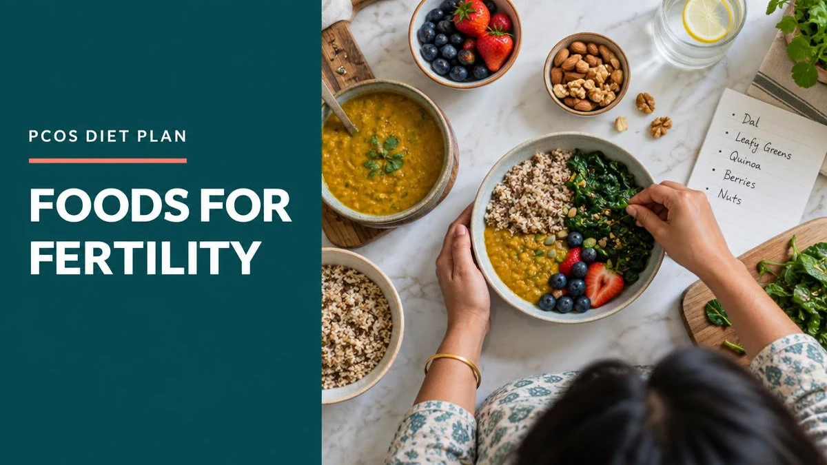A flat-lay of healthy low-glycemic index foods for a PCOS fertility diet.