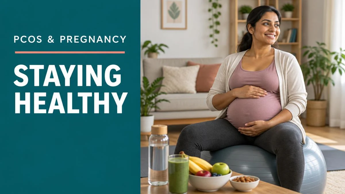 A pregnant woman preparing a healthy meal in her kitchen, showing PCOS diet management.