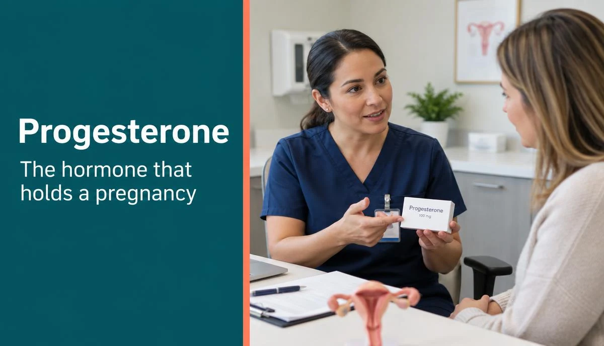 A fertility nurse discussing progesterone medication with an IVF patient.