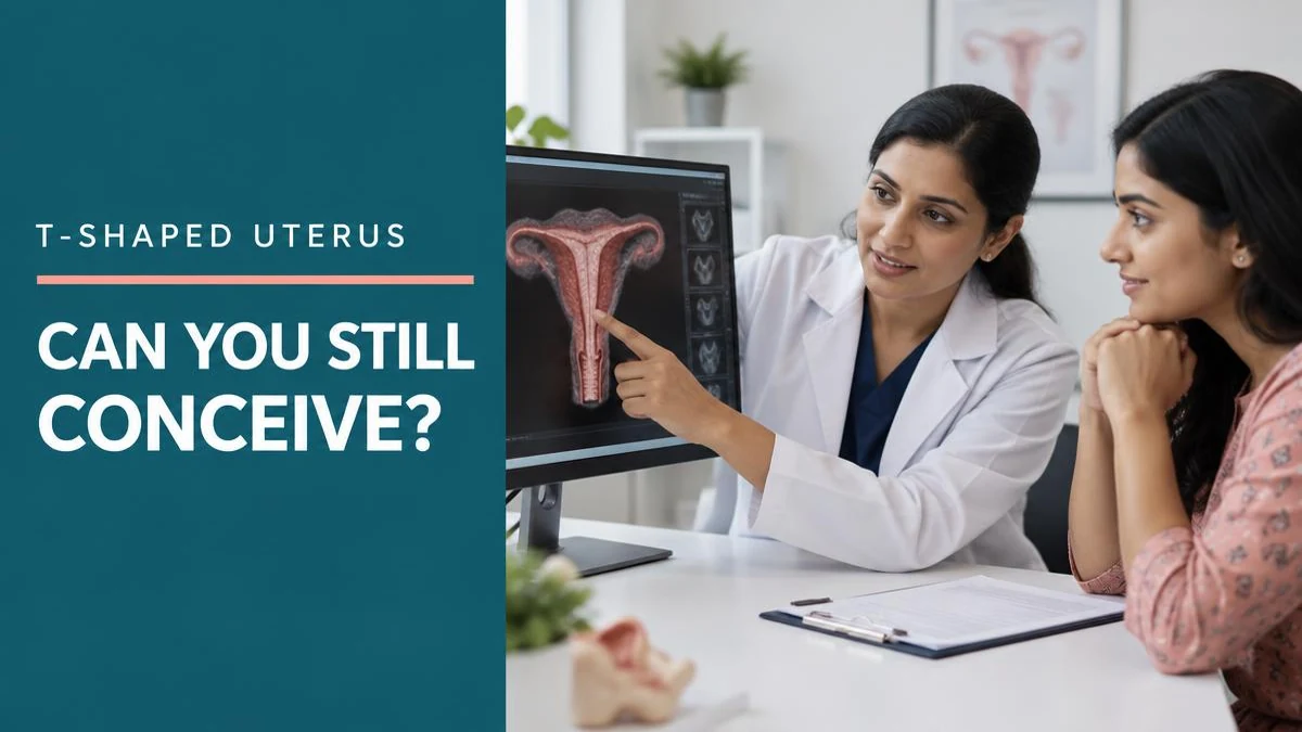 A medical graphic comparing normal and T-shaped uterine structures.